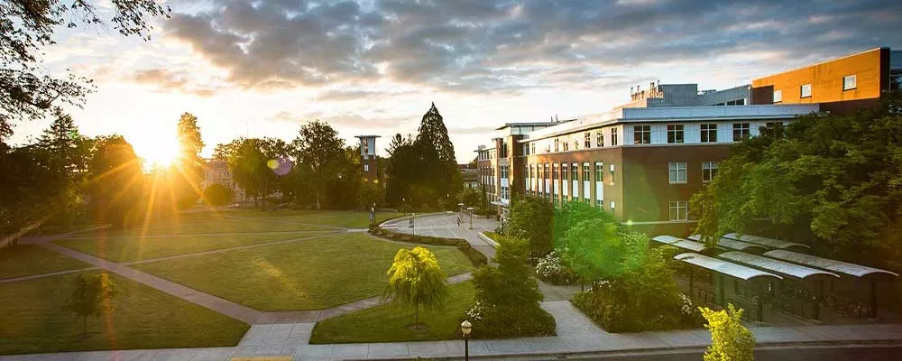 Corvallis campus on spring day at sunrise